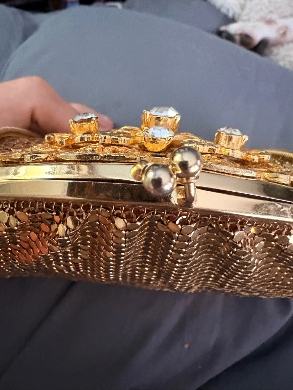 VTG 1960s Whiting Davis Gold Mesh Frame Evening Bag Chain & Crystal Design RARE
